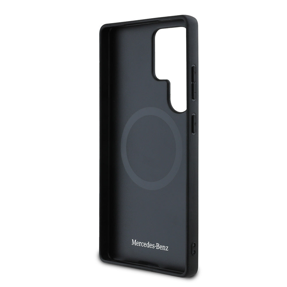 Galaxy S25 Ultra Kılıf Mercedes Benz Orjinal Lisanslı M-safe Şarj Özellikli 3D Metal Logolu Mavi Yatay Eğri Çizgili Deri Kapak