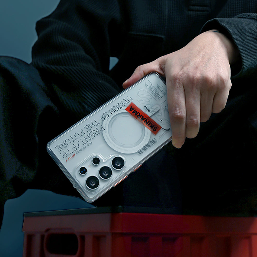 Galaxy S25 Ultra Kılıf Skinarma M-safe Şarj Özellikli Yazı Desenli Airbag Tasarımlı Orion Kapak