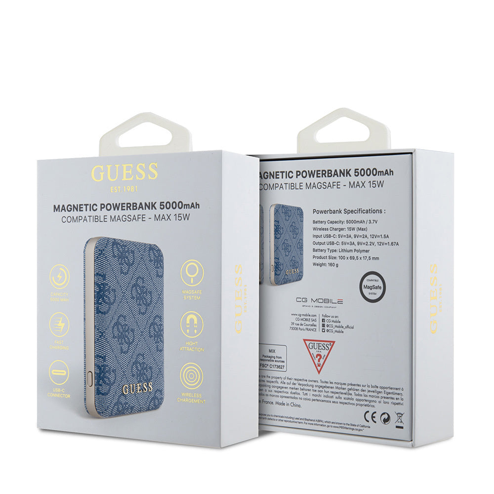 Guess Orjinal Lisanslı Dijital Led Göstergeli PU Deri 4G Desenli Metal Yazı Logolu Powerbank 5000mAh 15W
