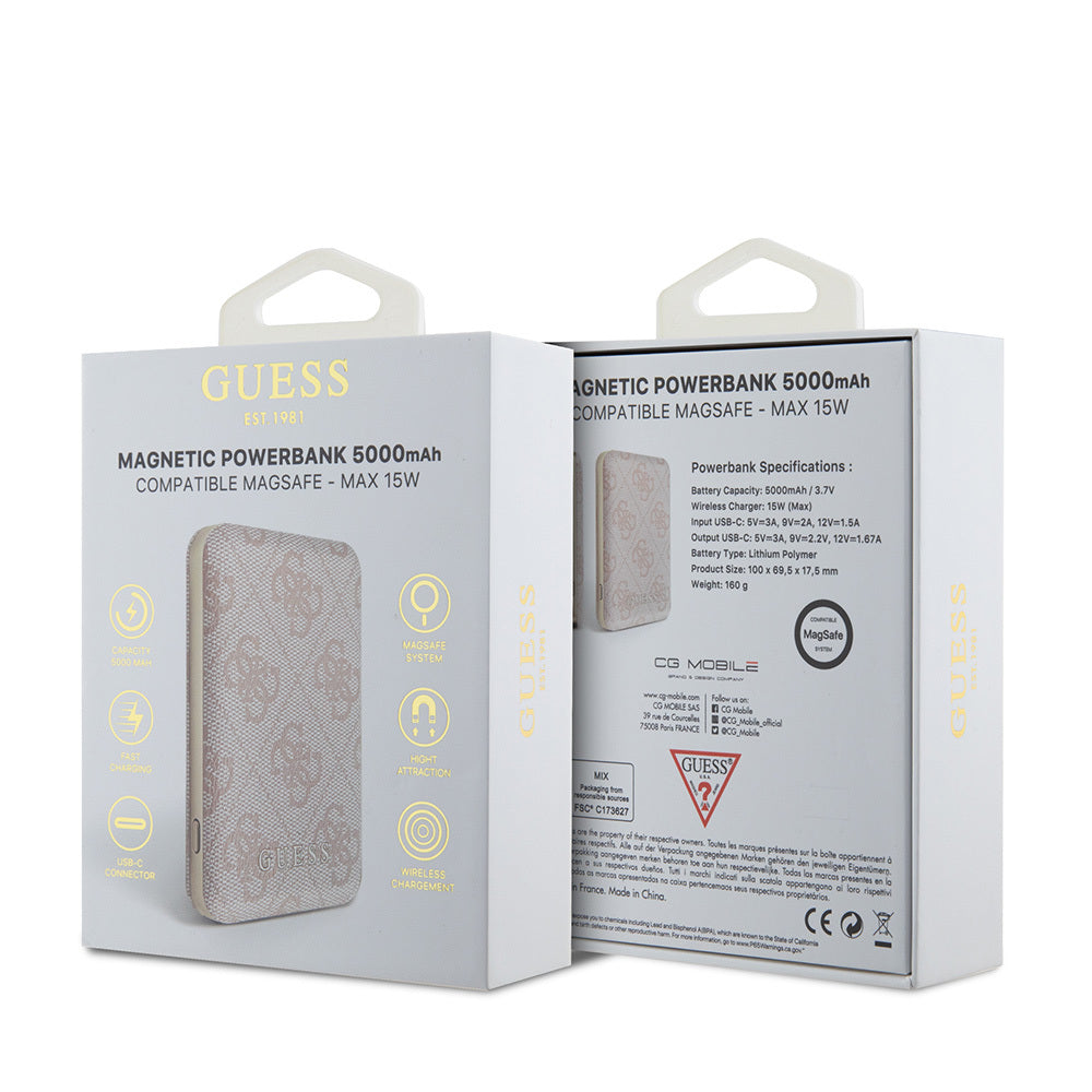 Guess Orjinal Lisanslı Dijital Led Göstergeli PU Deri 4G Desenli Metal Yazı Logolu Powerbank 5000mAh 15W