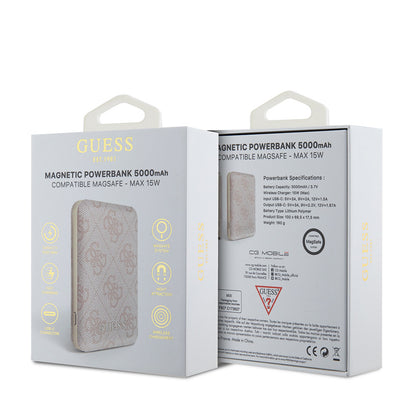 Guess Orjinal Lisanslı Dijital Led Göstergeli PU Deri 4G Desenli Metal Yazı Logolu Powerbank 5000mAh 15W