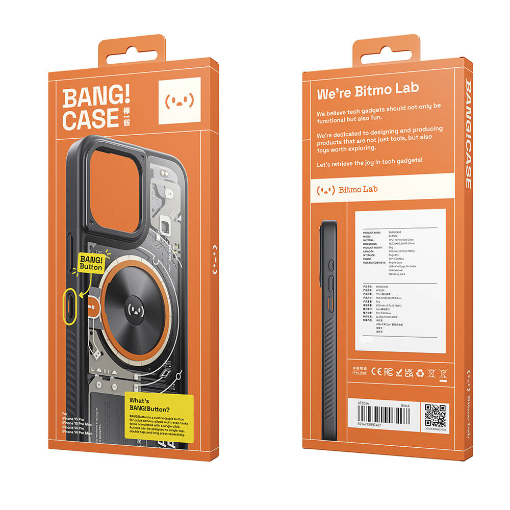 iPhone 15 Pro Max Kılıf Özelleştirilebilir 3 Fonksiyonlu Bluetooth Bağlantılı Bitmo Lab Bangcase Akıllı M-safe Kapak