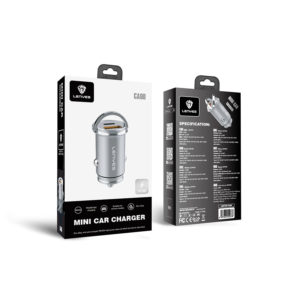 Lenyes CA60 Hızlı Şarj Özellikli Dual Type-C + USB-A Portlu Mini Araç Şarj Aleti PD 45W