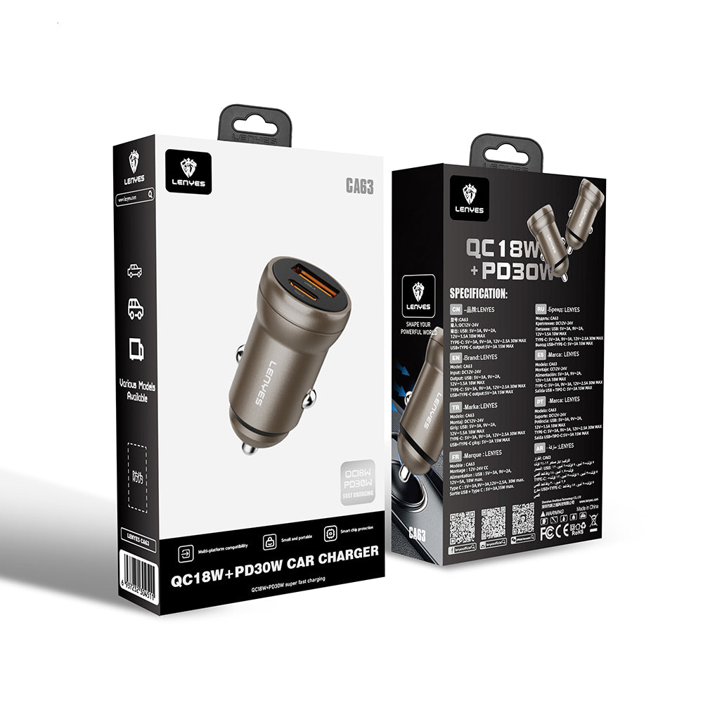 Lenyes CA63 Hızlı Şarj Özellikli Dual USB-A + Type-C Portlu PD Araç Şarj Aleti 30W