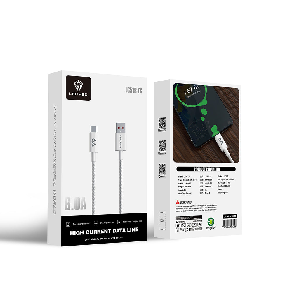 Lenyes LC518 USB-A to Type-C 6A Örgü Tasarımlı Hızlı Şarj Özellikli Data ve Şarj Kablosu 66W 1M