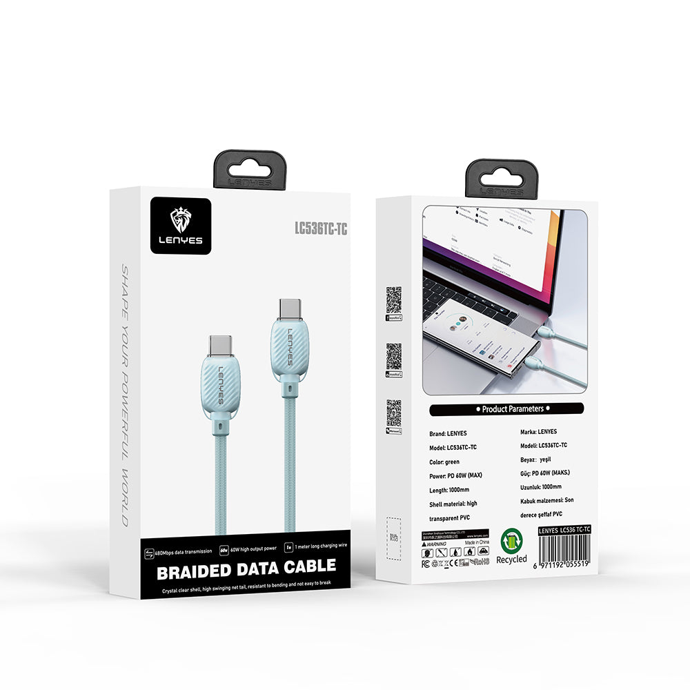 Lenyes LC536 Type-C to Type-C PD Örgü Tasarımlı Hızlı Şarj Özellikli Data ve Şarj Kablosu 60W 1M
