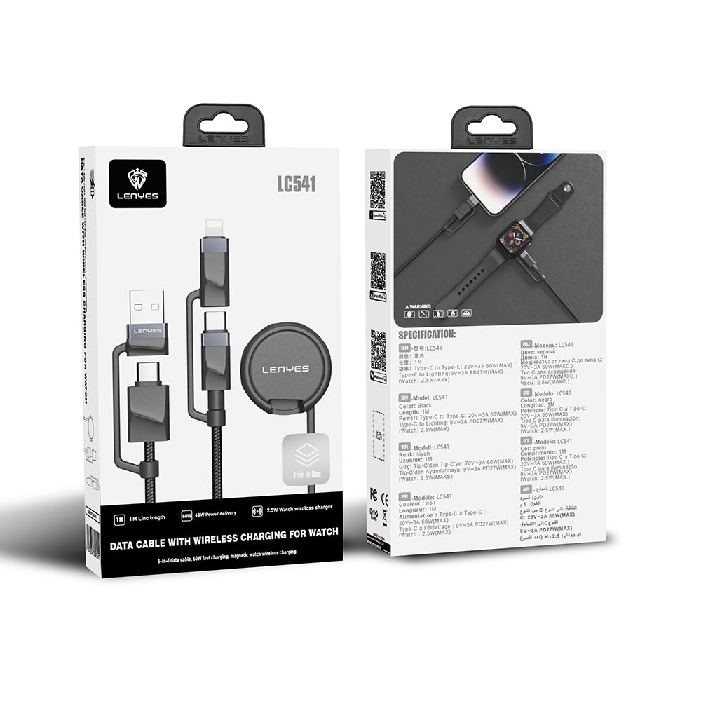 Lenyes LC541 USB-A + Type-C to Lightning – Type-C – Akıllı Saat Şarj Kablosu 60W 1M