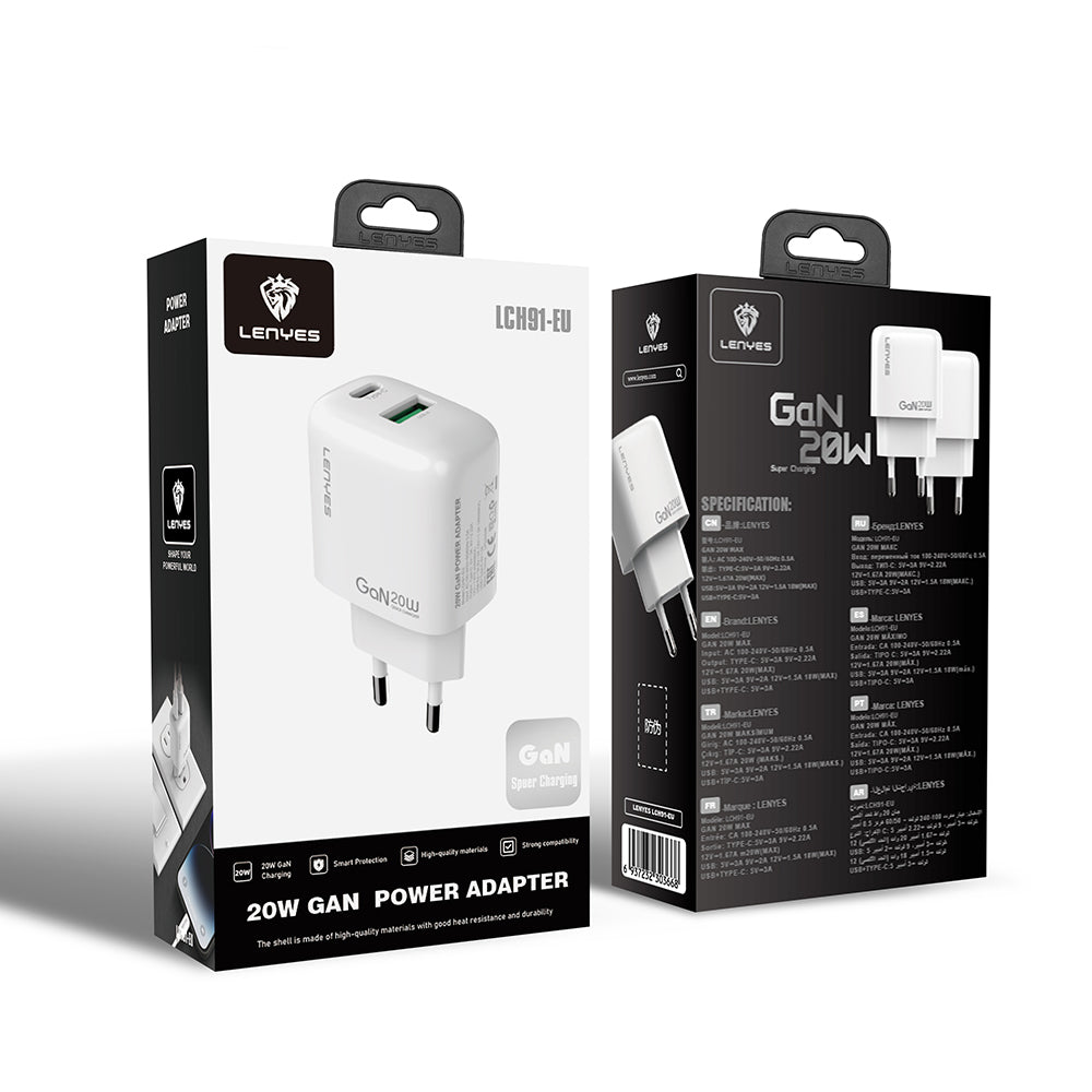 Lenyes LCH91 Type-C ve USB GaN Teknolojili PD Hızlı Şarj Özellikli Şarj Başlığı 20W