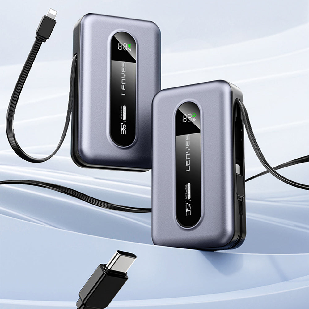 Lenyes PX1002D Dijital LED Göstergeli Teleskopik Type-C ve Lightning Kablolu Powerbank 35W 10.000mAh