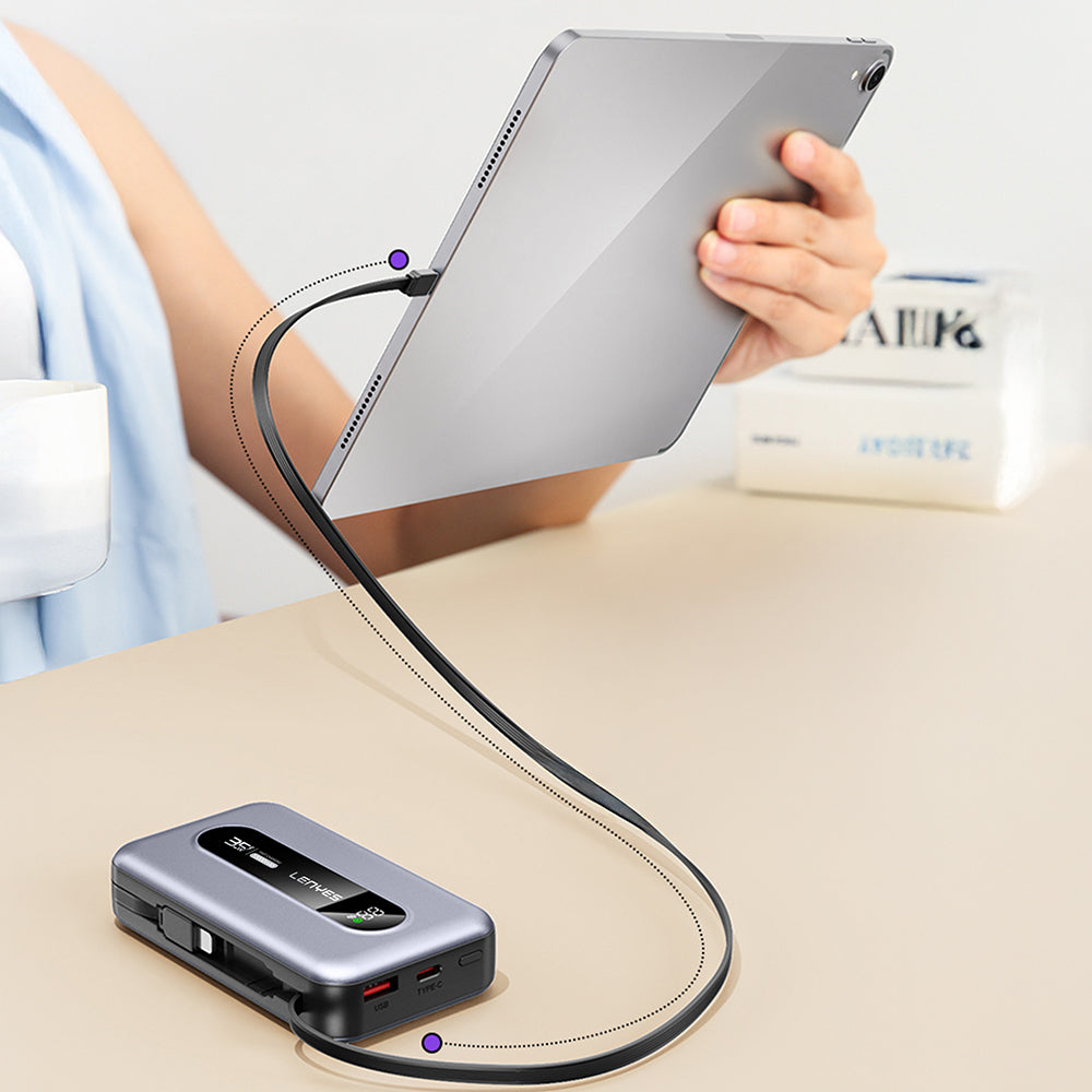 Lenyes PX1002D Dijital LED Göstergeli Teleskopik Type-C ve Lightning Kablolu Powerbank 35W 10.000mAh