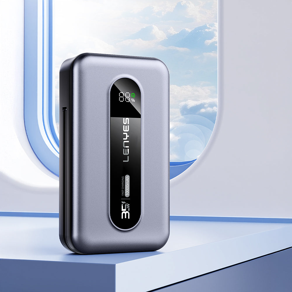 Lenyes PX1002D Dijital LED Göstergeli Teleskopik Type-C ve Lightning Kablolu Powerbank 35W 10.000mAh