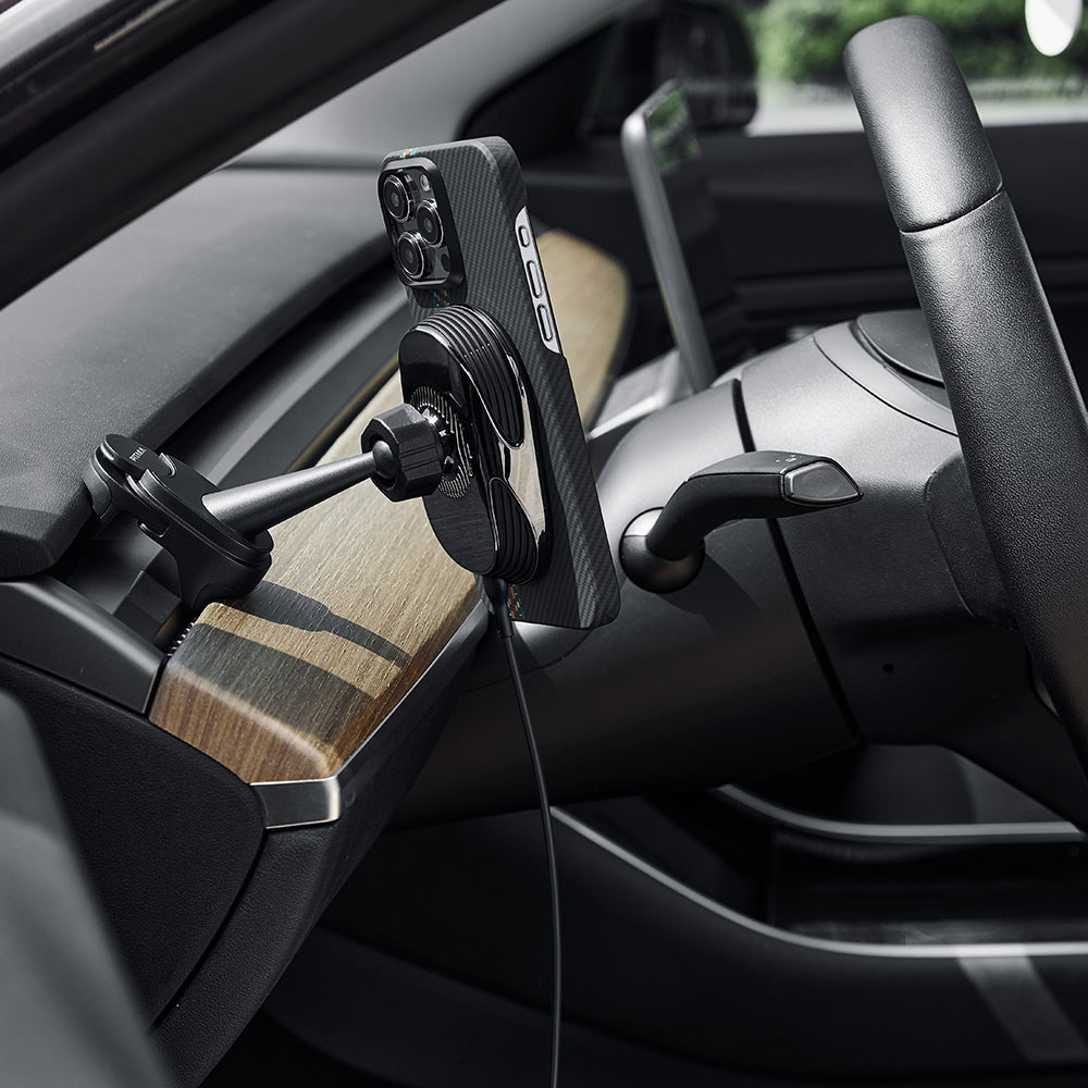 Pitaka MagEZ Pro 2 M-safe Şarj Özellikli Qi2 Tesla Model Y ve Model 3 Uyumlu Aramid Fiber Araç Telefon Tutucu