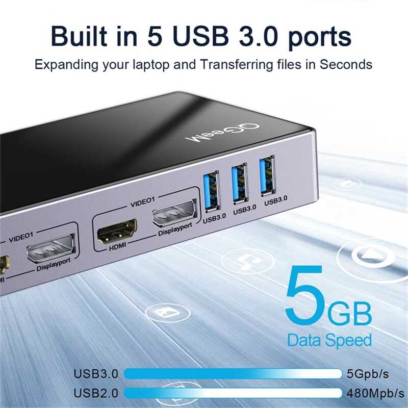 Qgeem QG-D6902 All in One Çoğaltıcı Type-C Hub Docking Station 4K-5K Displayport HDMI Destekli