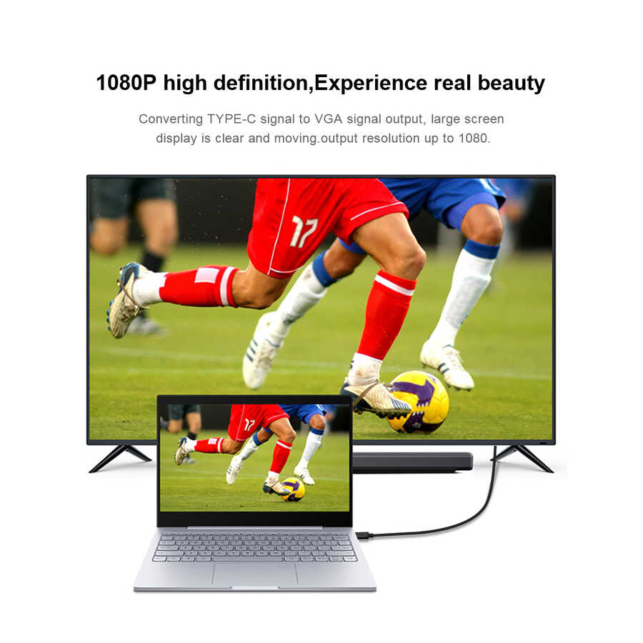 Qgeem QG-UA17 Type-C to VGA Adaptörü Yüksek Çözünürlüklü Dönüştürücü Kablo 1080p 60Hz 1.8 metre