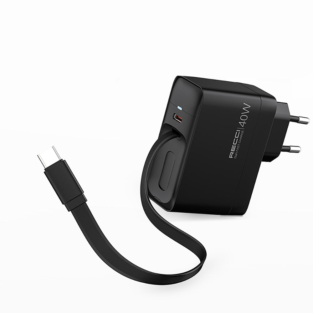Recci RC102E GaN Teknolojili Hızlı Şarj Başlığı USB-A to Type-C PD 40W Type-C Kablolu Şarj Seti