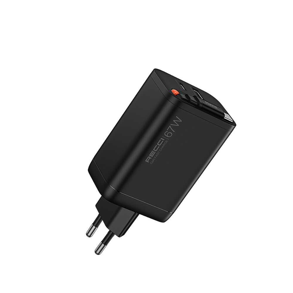 Recci RC103E GaN Teknolojili Hızlı Şarj Başlığı USB-A to Type-C PD 67W Type-C Kablolu Şarj Seti