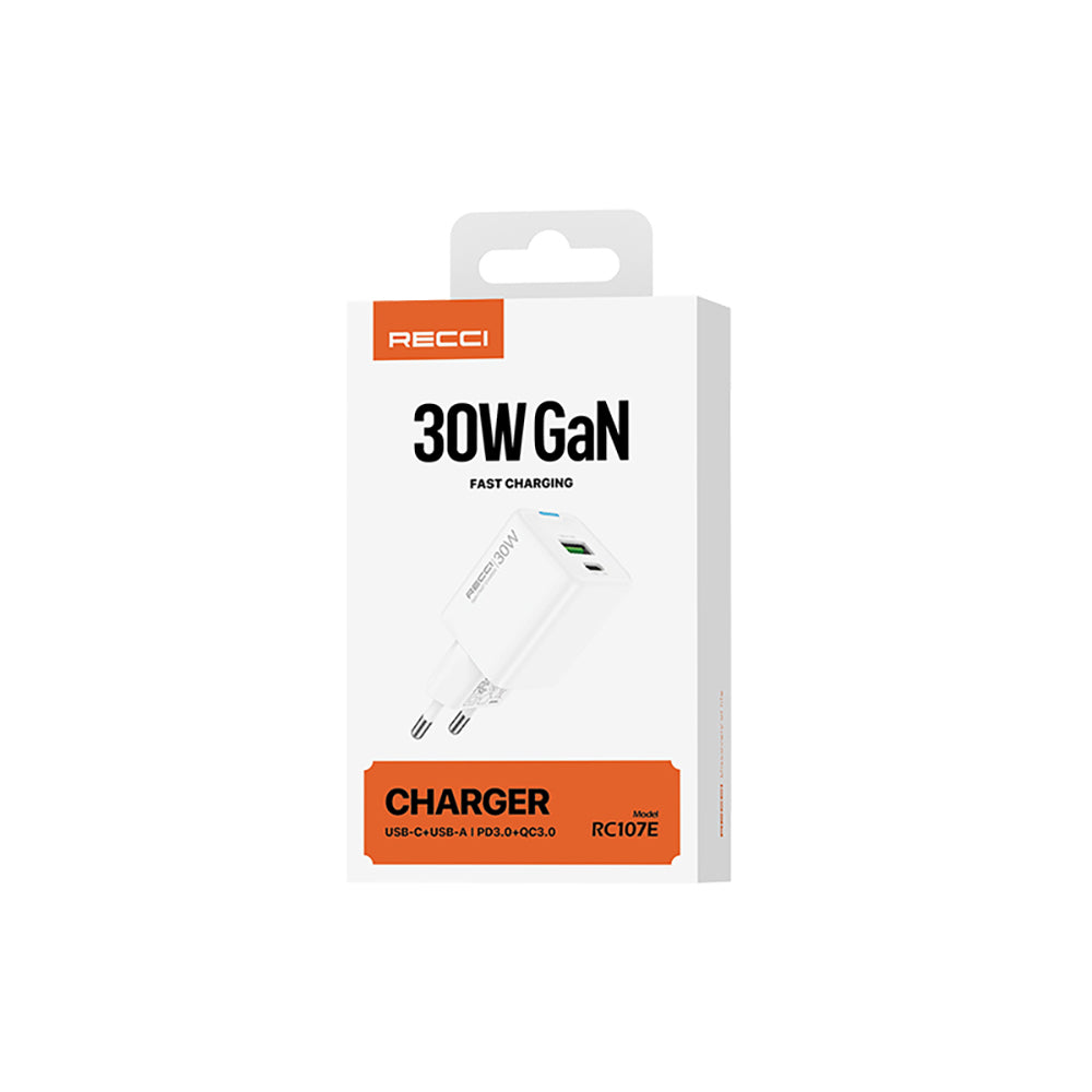 Recci RC107E Type-C PD & USB-A GaN Teknolojili Hızlı Şarj Başlığı 30W