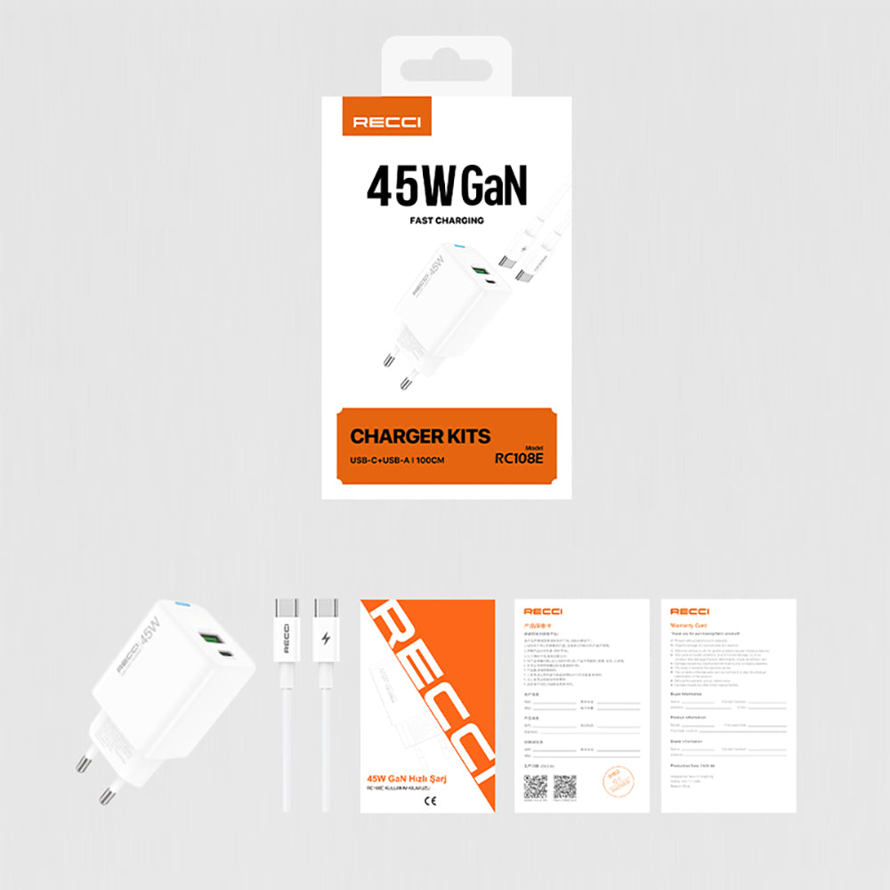 Recci RC108E GaN Teknolojili Hızlı Şarj Başlığı Type-C to Type-C PD 45W Kablolu Şarj Seti