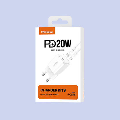 Recci RC65E Hızlı Şarj Başlığı Type-C to Lightning PD 20W Kablolu Şarj Seti