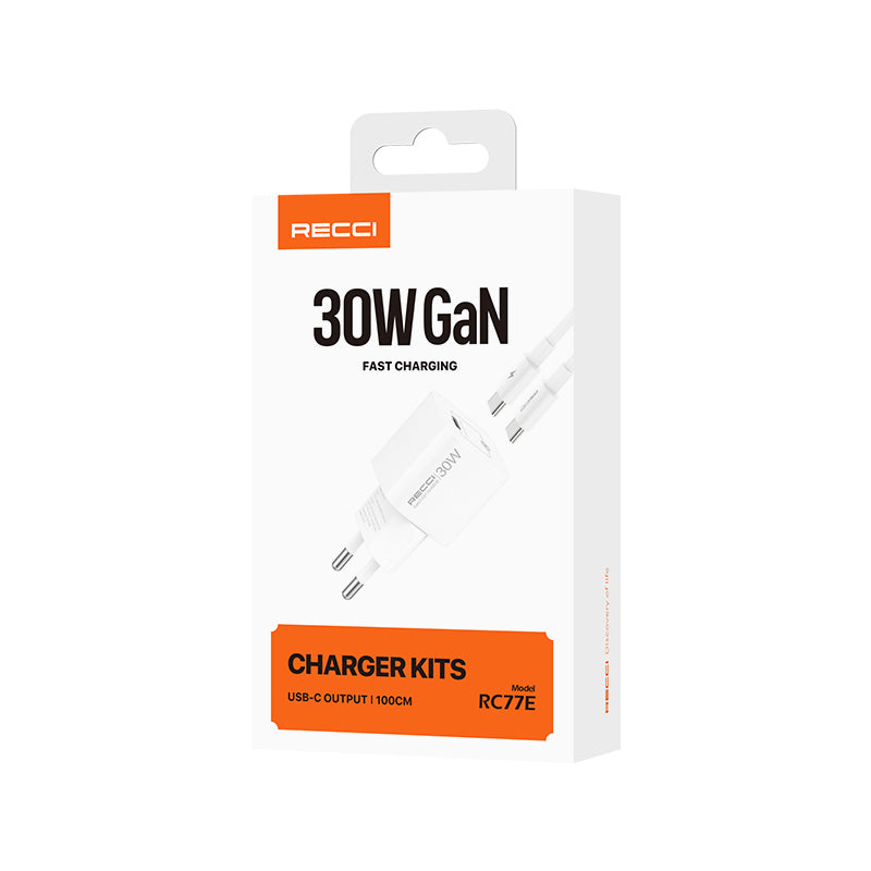 Recci RC77E GaN Teknolojili Hızlı Şarj Başlığı Type-C to Type-C PD 30W Kablolu Şarj Seti