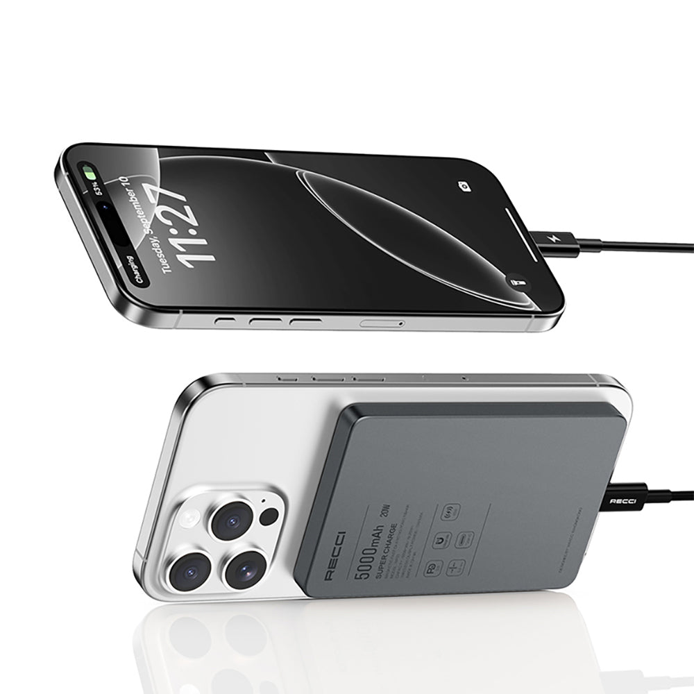 Recci RP33 PD 20W Ultra İnce Led Göstergeli Hızlı Şarj Özellikli Wireless Powerbank 15W 5000mAh
