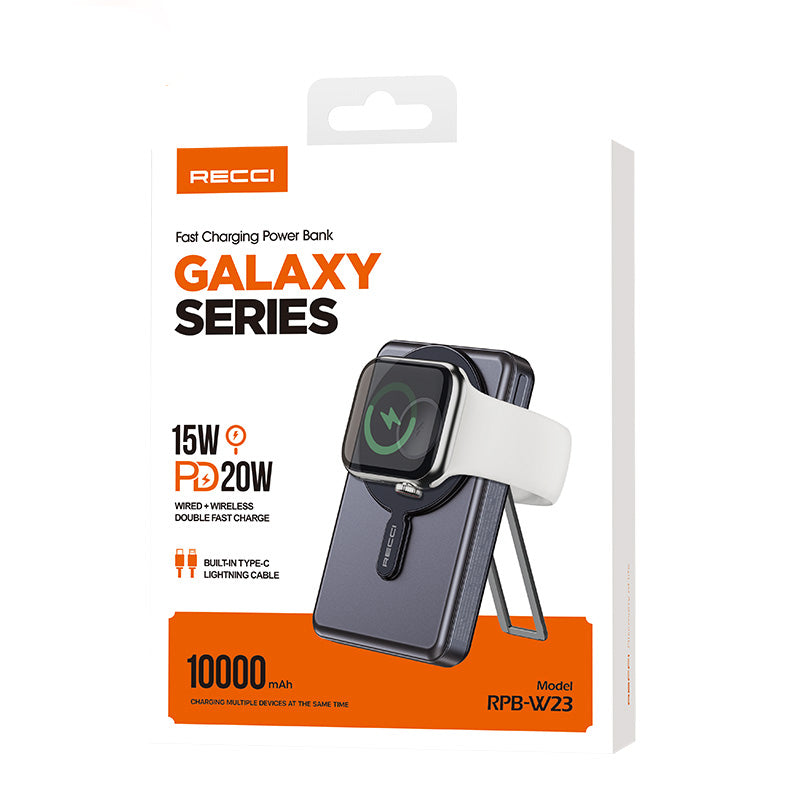 Recci RPB-W23 PD 20W Led Göstergeli Standlı Kablosuz Şarj Özellikli Type-C ve Lightning Kablolu Powerbank 15W 10000mAh