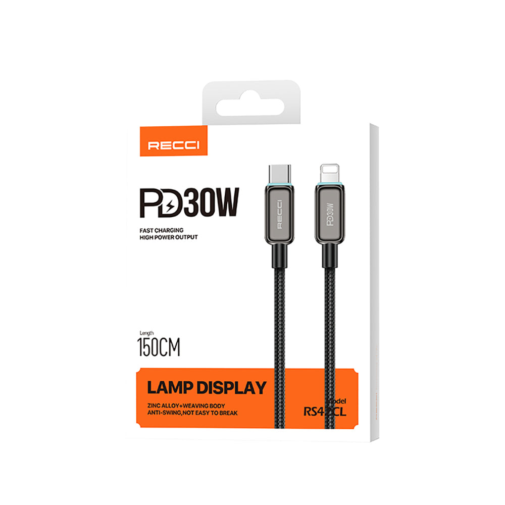 Recci RS42CL Lamp Display Serisi Type-C to Lightning PD 30W Hızlı Şarj Özellikli Data ve Şarj Kablosu 1.5M