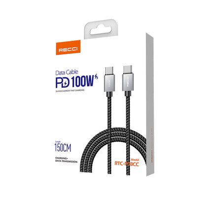Recci RTC-P08CC Type-C to Type-C PD 100W 5A Hızlı Şarj Naylon Örgü Tasarım Şarj ve Data Kablosu 1.5M