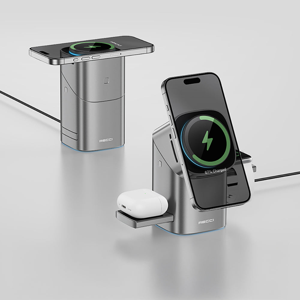 Recci RW05 Qi2 Şarj Teknolojili Ambiyans Işıklı Telefon&Akıllı Saat&Kulaklık 15W 3in1 Kablosuz Şarj Standı