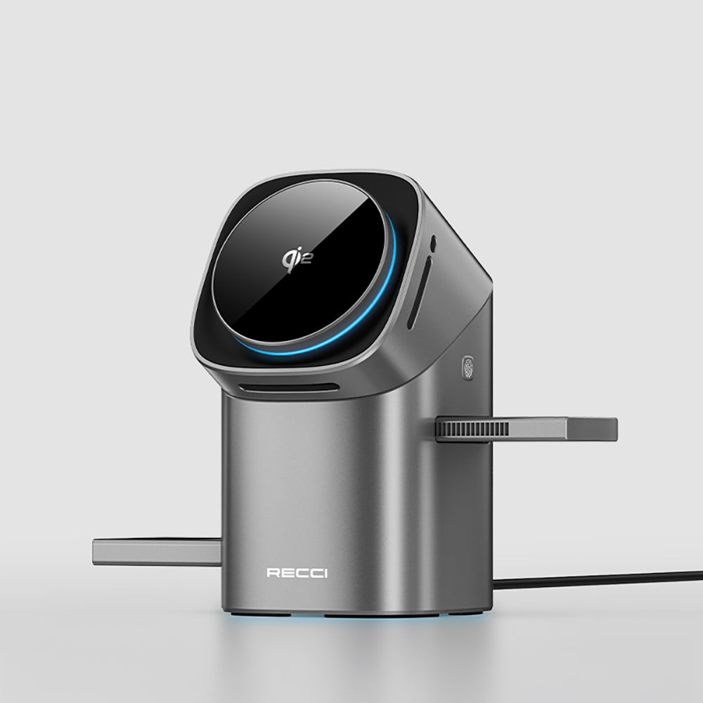 Recci RW05 Qi2 Şarj Teknolojili Ambiyans Işıklı Telefon&Akıllı Saat&Kulaklık 15W 3in1 Kablosuz Şarj Standı