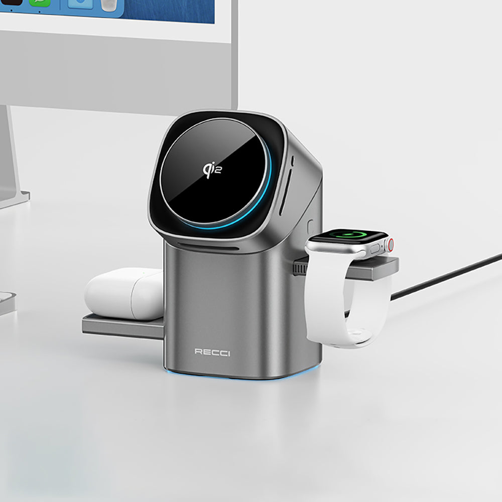 Recci RW05 Qi2 Şarj Teknolojili Ambiyans Işıklı Telefon&Akıllı Saat&Kulaklık 15W 3in1 Kablosuz Şarj Standı