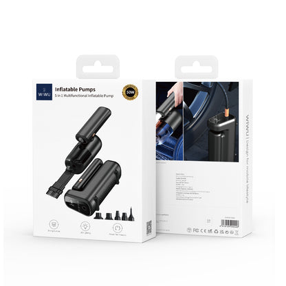 Wiwu Wi-Ai002 5in1 Oto Araç Lastik Şişirme Pompası - Oto Araç Süpürgesi - Vakum Makinesi - Fener Dijital Ekranlı Araç Hava Kompresörü