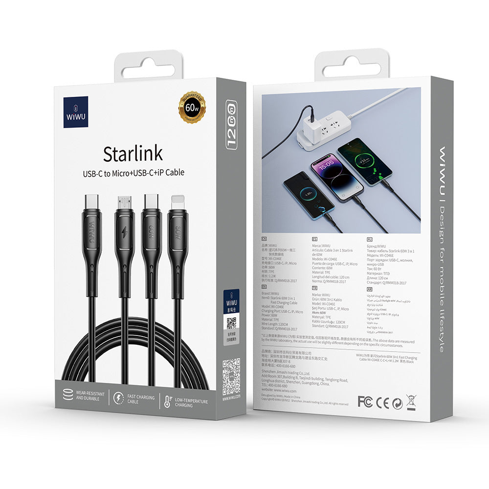 Wiwu Wi-C046E Starlink Serisi 3in1 USB-C to Lightning – Type-C – Micro Şarj ve Data Kablosu 60W 1.2M
