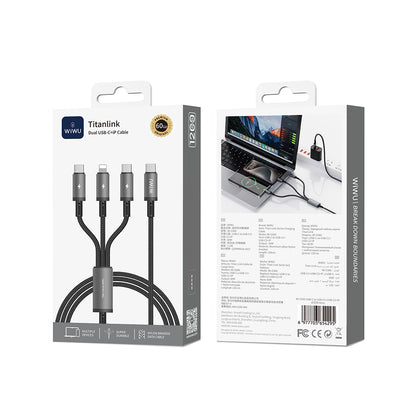 Wiwu Wi-C060 Titanlink Serisi 3in1 Type-C to Lightning – 2xType-C Örgülü Şarj ve Data PD Kablo 60W 1.2m