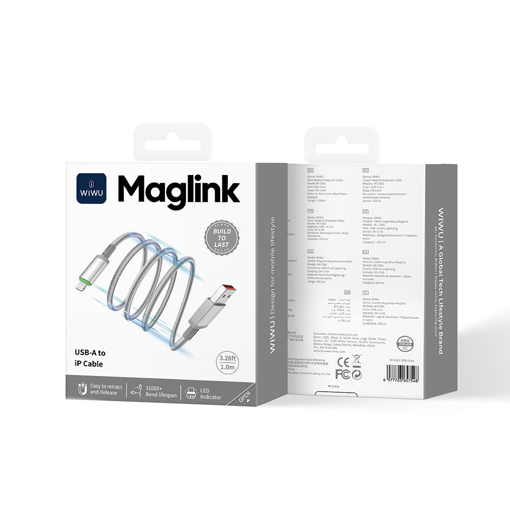 Wiwu Wi-C081 Maglink Serisi Işıklı Magnetik USB-A to Lightning Işıklı Hızlı Şarj Özellikli Data ve Şarj Kablosu 1M