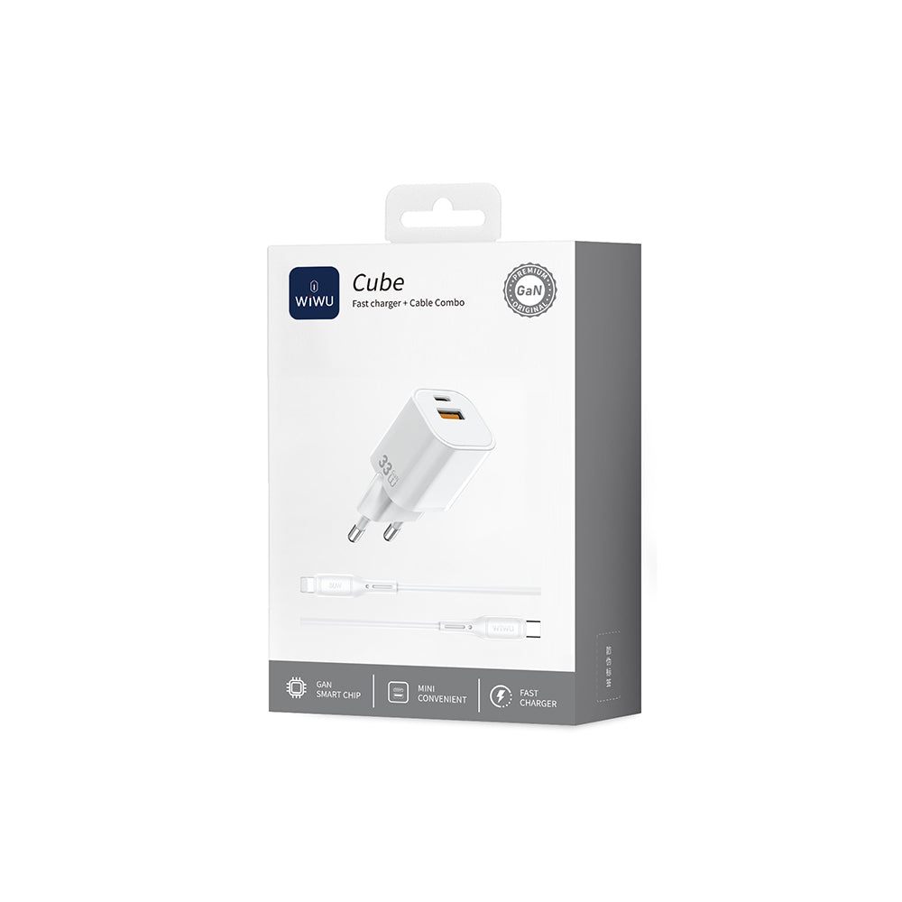 Wiwu Wi-G018 Cube Serisi Type-C to Lightning GaN Tech PD Hızlı Şarj Özellikli Kablolu Şarj Seti 33W