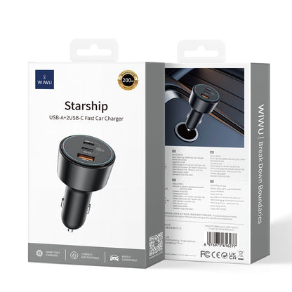 Wiwu Wi-QC026 Starship Serisi Hızlı Şarj Özellikli Dual Type-C + USB-A Portlu Araç Şarj Aleti 200W