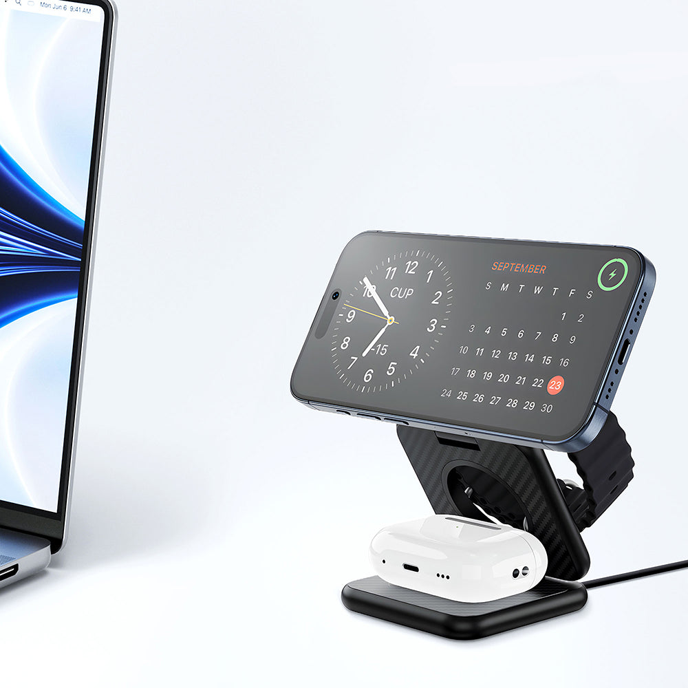 Wiwu Wi-W035 3 in 1 Magnetik Hızlı Şarj Özellikli Aramid Fiber Kablosuz Şarj Standı 15W